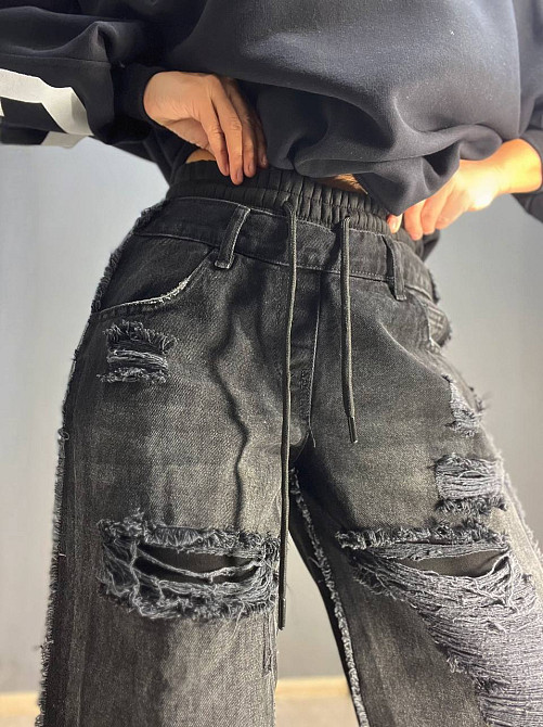 Джинсы женские I8 80085-186 комбинированные с трикотажем рваные палаццо талия на резинке флис черный Одесса - изображение 5