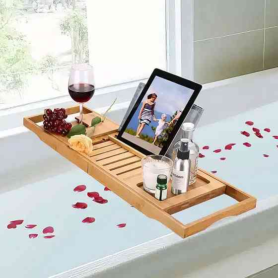 Полка бамбуковая выдвижная для ванной, длина 70-105см, накладка на ванну из бамбука, Bamboo_2 Каменец-Подольский