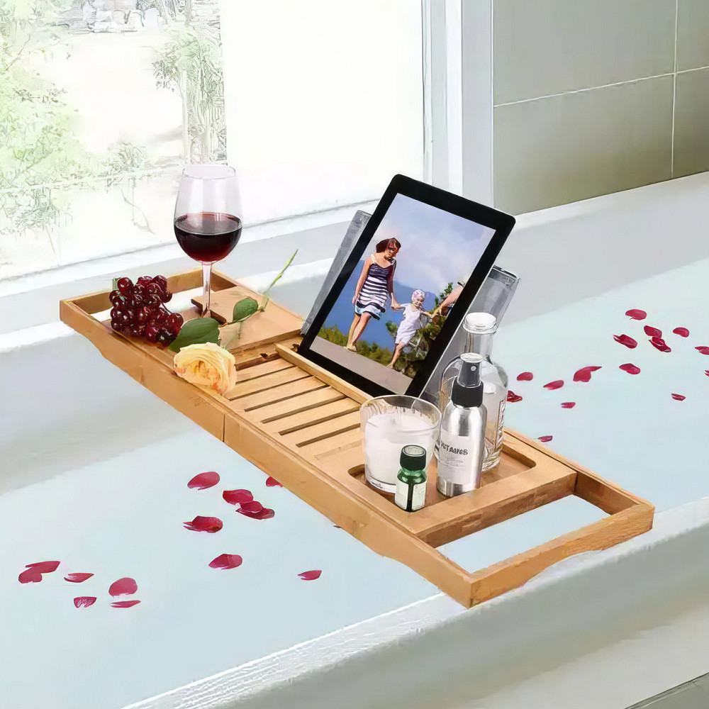 Полка бамбуковая выдвижная для ванной, длина 70-105см, накладка на ванну из бамбука, Bamboo_2 Каменец-Подольский - изображение 1