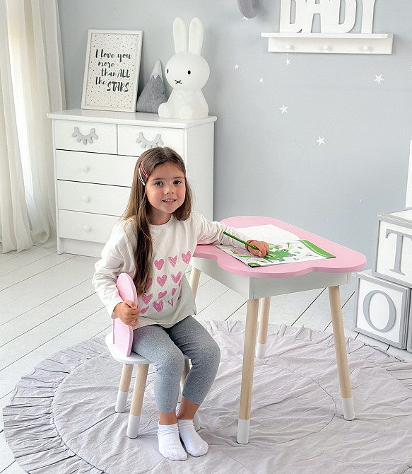 Столик хмаринка з нішею 54х68х50 і стільчик спинка в формі метелика 26х26х24, стіл та стілець в дитячу, рожевий з білим Кам'янське - фото 9