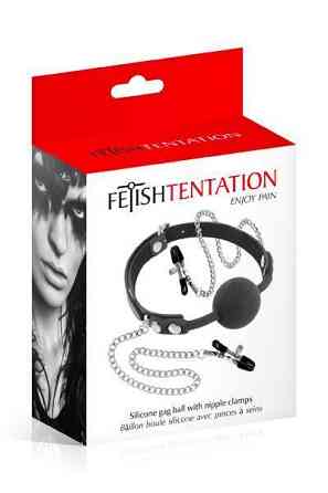 Кляп с силиконовым шариком и зажимами для сосков Fetish Tentation Gag Ball with Nipple Clamps Sex Aura Киев