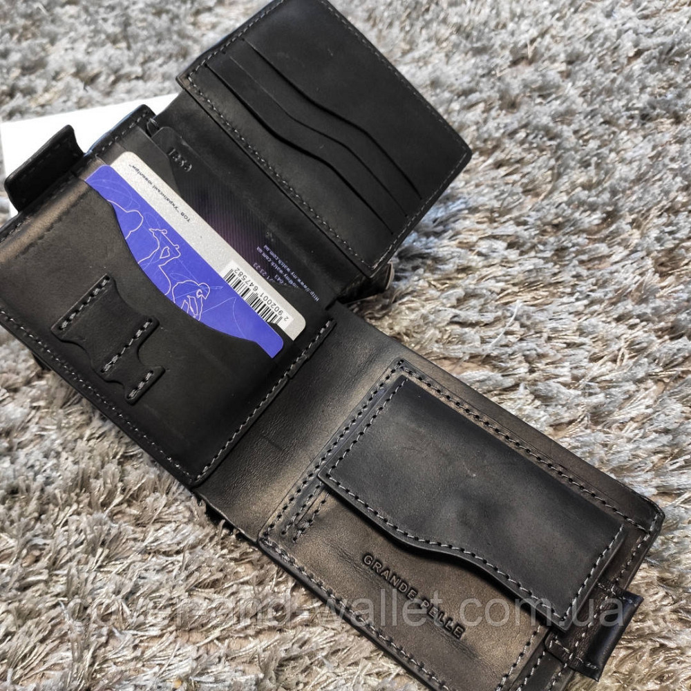 Черный мужской кошелек на магнитах ручной роботы из кожи Grande Pelle Amico Киев - изображение 2