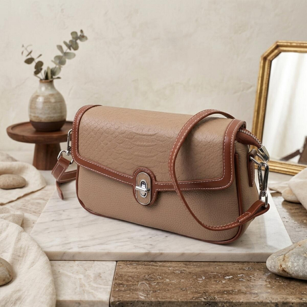 Стильна сумка жіноча з фактурним клапаном з натуральної шкіри Vintage 22620 Бежева Київ - фото 11