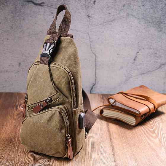 Сумка через плечо с USB кабелем мужская оливковая (Vintage) Киев