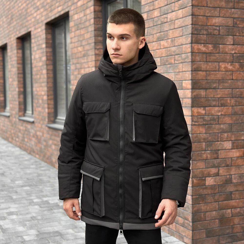 Парка чоловіча зимова з капюшоном чорно-сіра Pobedov Alpina Київ - фото 1