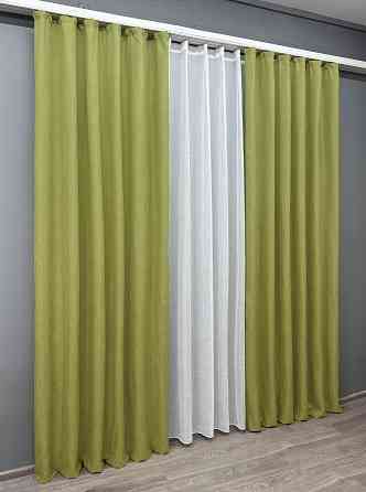 Комплект штор VR-Textil Лен Мешковина 200х270 2шт и Тюль 600х270 106ш-115т Оливковый с белым 71-025/7 Киев