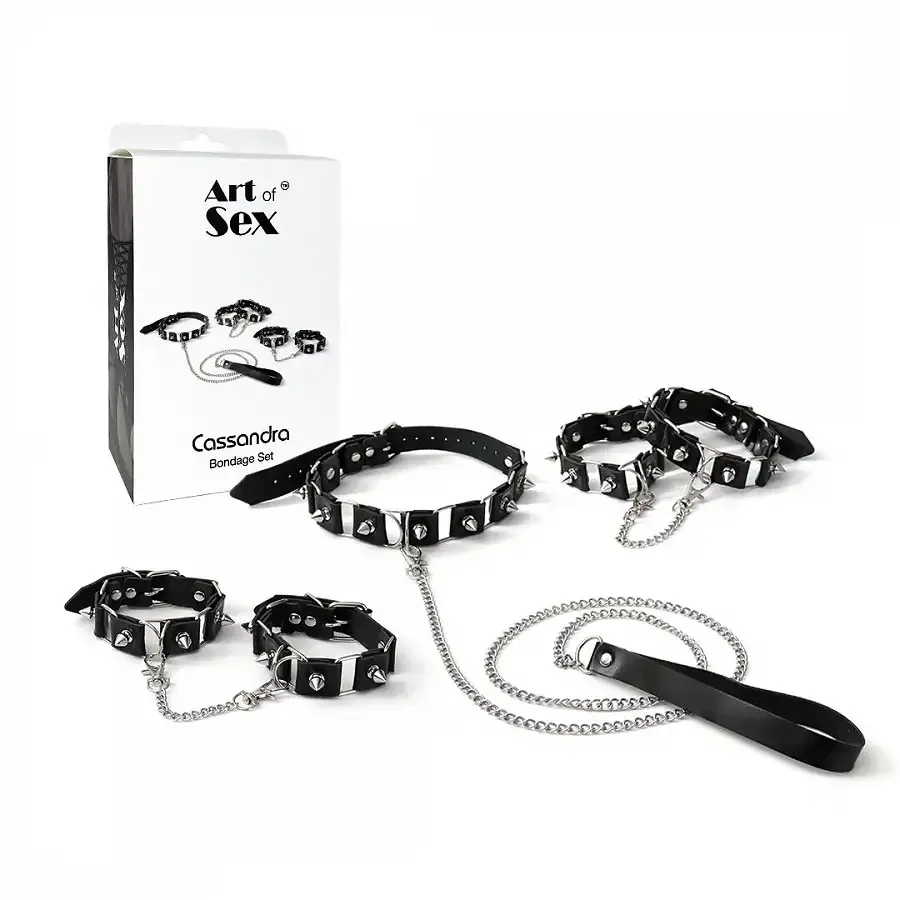 Бондажний набір: нашийник з повідцем, наручники та поножі Art of Sex - Cassandra, колір чорний Львів - фото 6