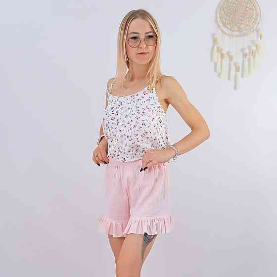 Бавовняна рожева жіноча піжама три в одному сорочка +шорти з рюшами+халат Кам'янець-Подільський