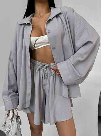 Жіночий літній оверсайз костюм-двійка: сорочка та шорти льон Сірий Одеса