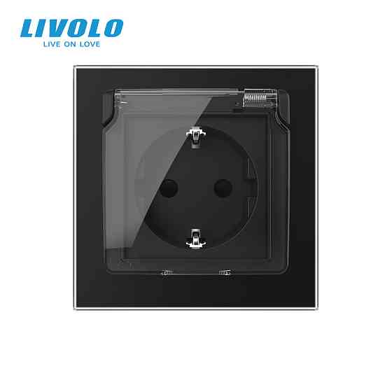 LIVOLO Електрична розетка вологозахисна з кришкою IP44 з заземленням, LIVOLO, чорна, скляна мат Коломия