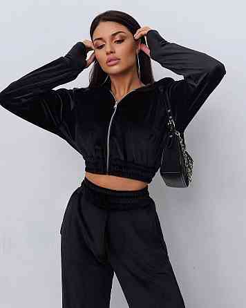 Жіночий повсякденний велюровий костюм-двійка із широкими штанами та укороченою кофтою плюшевий велюр Чорний, 46/48 Одеса