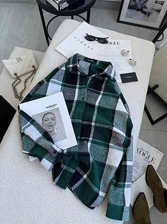 Жіноча тепла оверсайз сорочка в карту кашемір байка Зелений Одеса