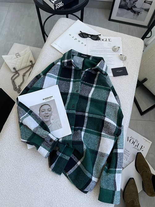 Жіноча тепла оверсайз сорочка в карту кашемір байка Зелений Одеса - фото 3