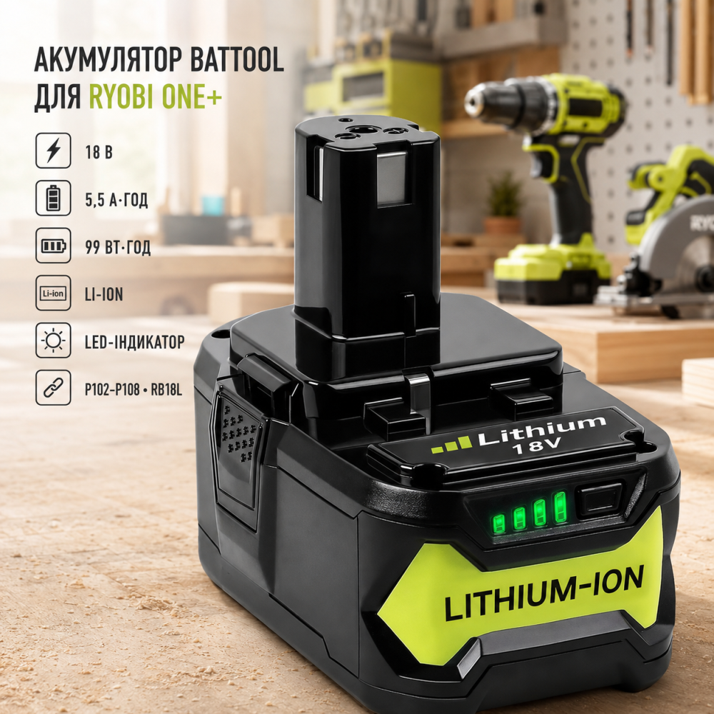 Аккумулятор BATTOOL для Ryobi ONE+ 18 В, 5,5 А·ч, 99 Вт·ч, Li-Ion, LED, совместим P102–P108, RB18L Киев - изображение 8
