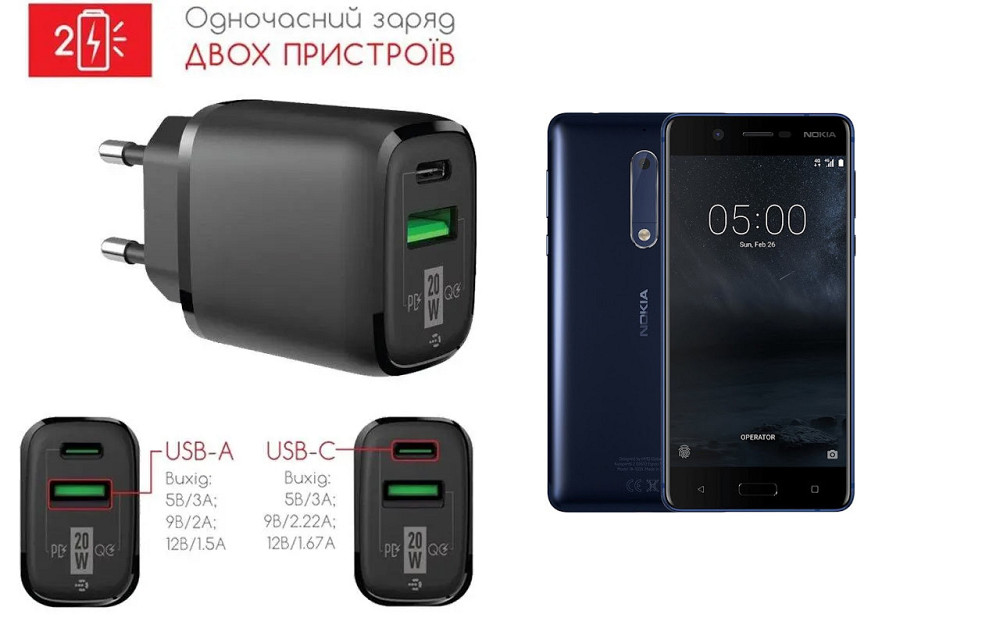 Сетевое зарядное устройство для Nokia 5 Dual SIM, 20W 3A, Quick Charge 3.0 Киев - изображение 1
