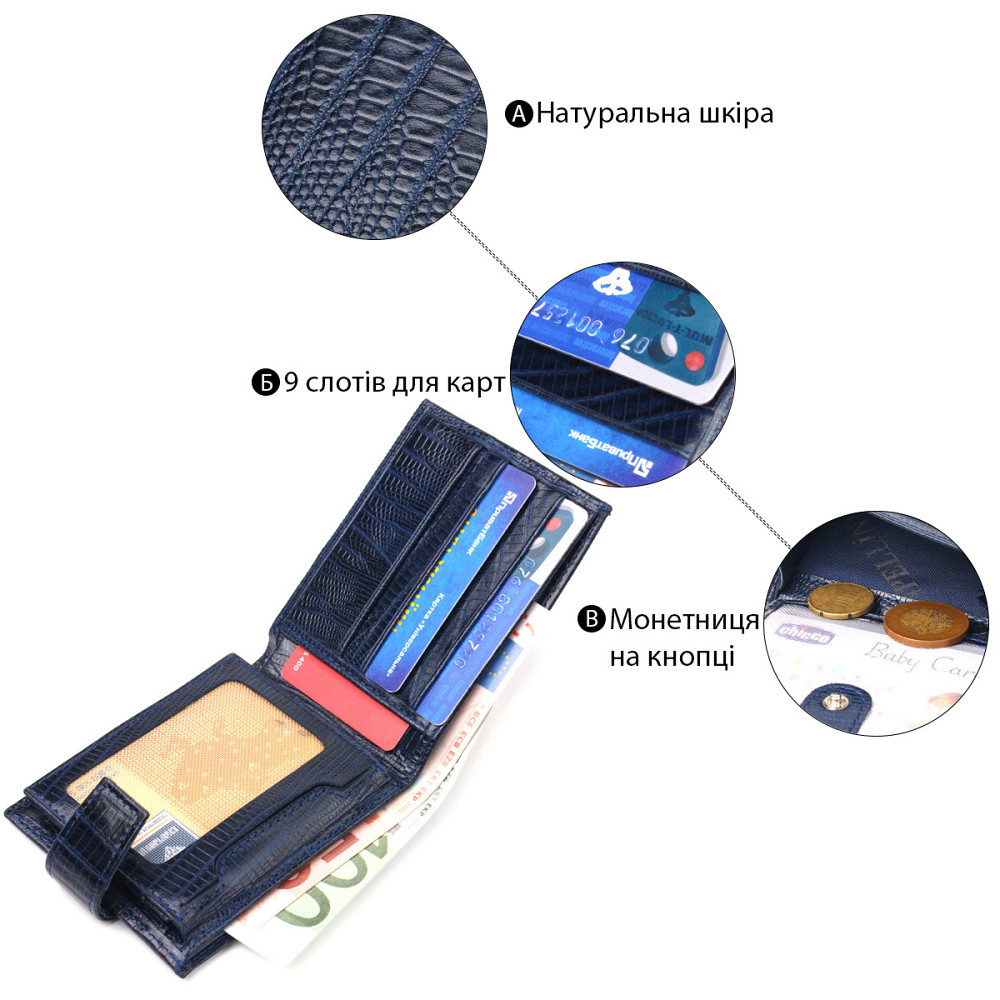 Гідний чоловічий гаманець з натуральної фактурної шкіри CANPELLINI 21515 Синій Київ - фото 4