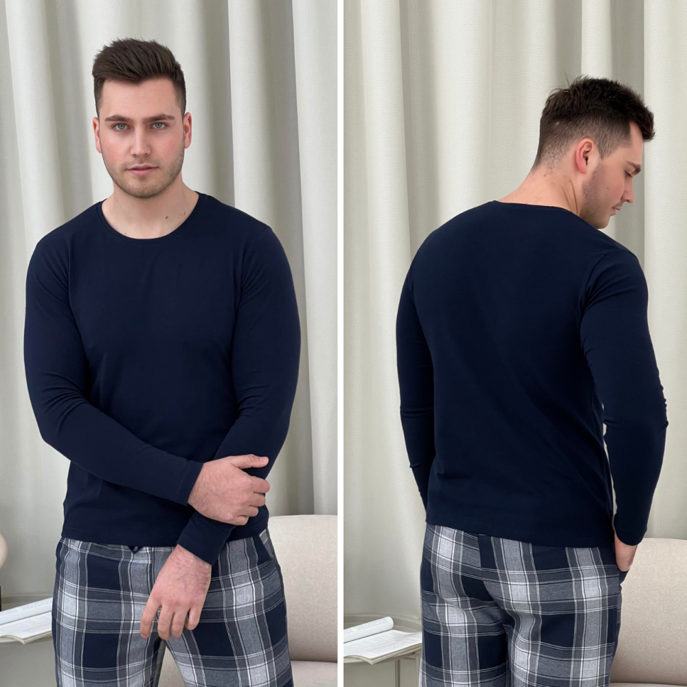 Мужской лонгслив однотонный для дома и сна хлопковый повседневный COSY “HH” Синий 3XL Одесса - изображение 1