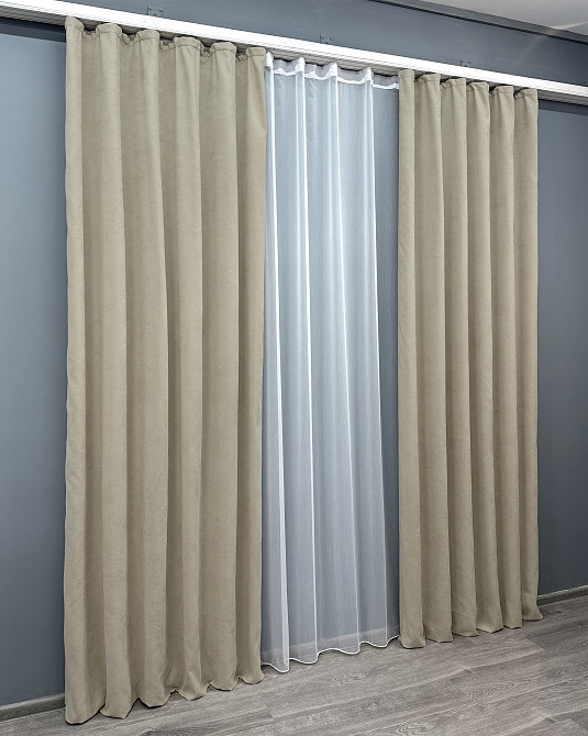 Комплект штор VR-Textil Микровелюр Petek 100х270 2шт и Тюль 400х270 1488ш-1153т Бежевый с белым 71-057/2 Киев - изображение 3