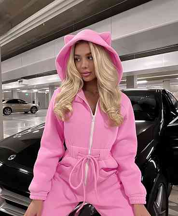 Женский стильный теплый комбинезон с ушками трехнить на флисе Розовый, 40/42 Одесса