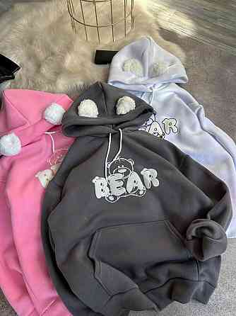 Жіноче тепле затишне оверсайз худі з вушками тринитка на флісі та хутро Сірий Одеса