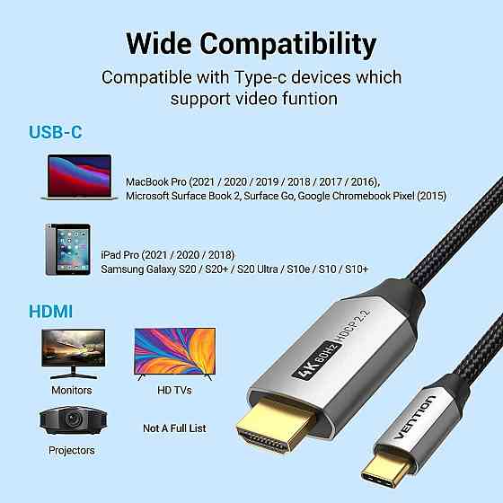 Кабель USB 3.1 Type-C M - HDMI M, 2.0m v.2.0 4K 60Hz Aluminum Alloy Type чорний Vention Винница