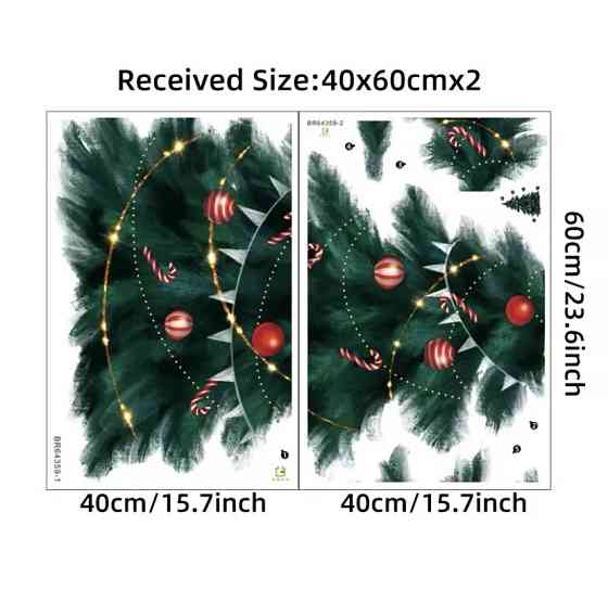 Наклейка новорічна на вікна Ялинка з кульками 95 на 63 см картина на 2-х листах розмірами 60на40см силікон зелений Київ