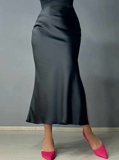 Спідниця жіноча Gritana 230 атласна королівський шовк з розрізом на резинці чорна, чорний, M Київ - фото 11