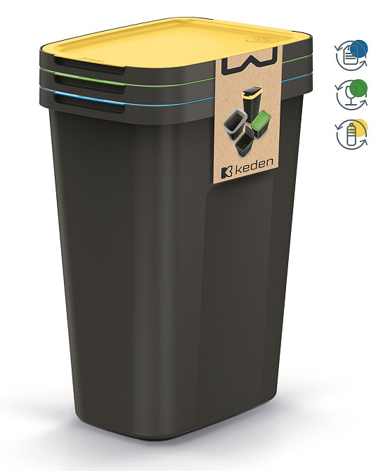 Баки для сортування сміття Keden COMPACTA Q Plus, комплект 3x35 л, чорний, кришка синя, зелена, жовта Київ - фото 7
