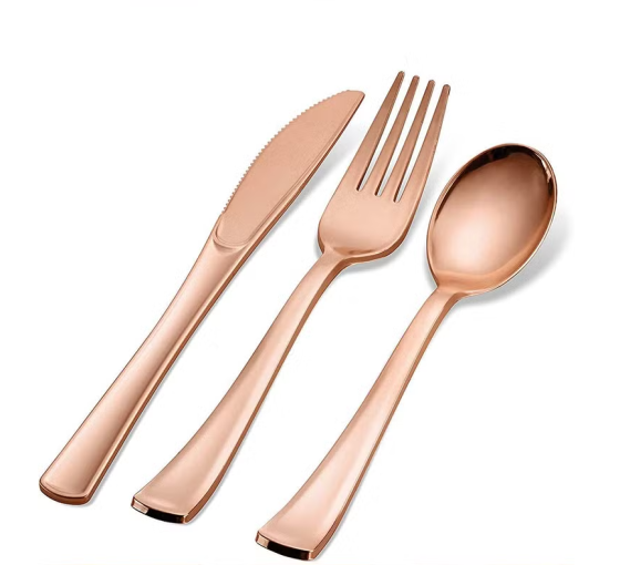 Набір пластикових столових приборів 18 шт якісних (ножі, виделки, ложки).Багаторазовий посуд, рожеве золото Кам'янець-Подільський