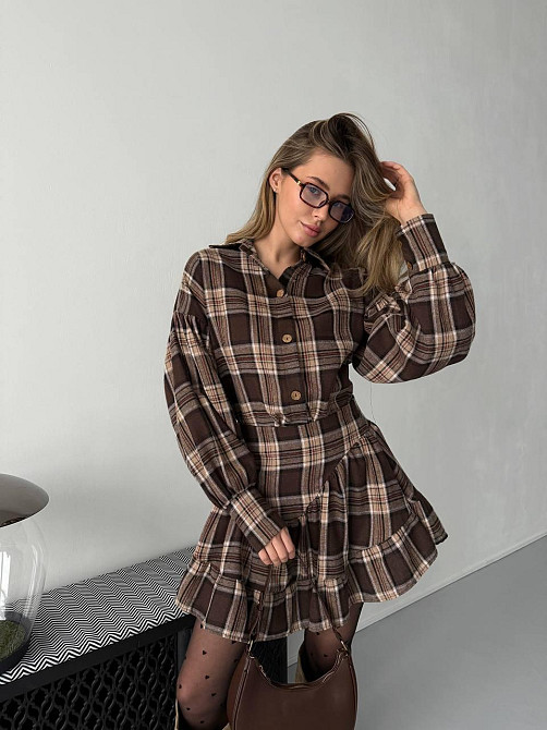 Жіночий стильний костюм-двійка: сорочка та спідниця в карту тіар Шоколадний, 46/48 Одеса - фото 8