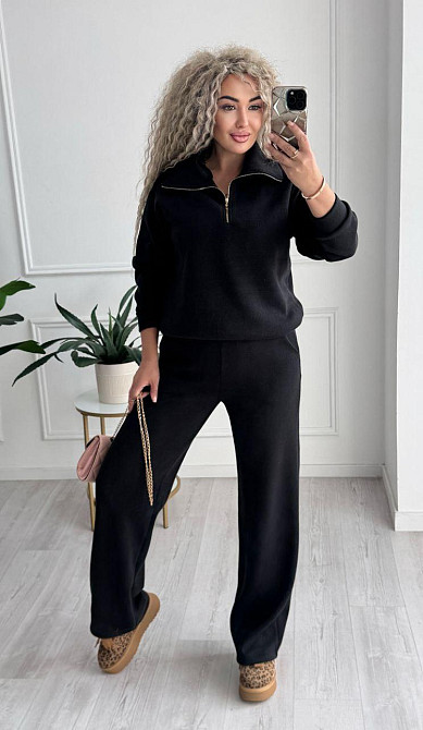 Женский стильный и теплый вязаный костюм осень-зима на трикотажной основе. Черный, 46/48 Одесса - изображение 1