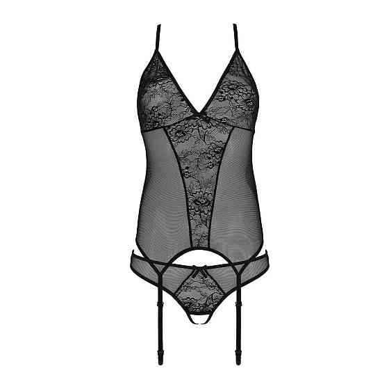 Корсет із пажами, трусики з ажурним декором та відкритим кроком Passion URSULA CORSET S/M, black Sex Aura Київ