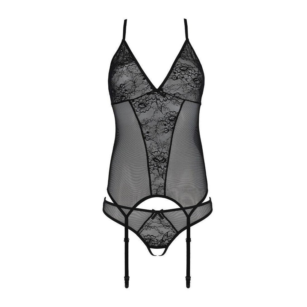 Корсет із пажами, трусики з ажурним декором та відкритим кроком Passion URSULA CORSET S/M, black Sex Aura Київ - фото 4