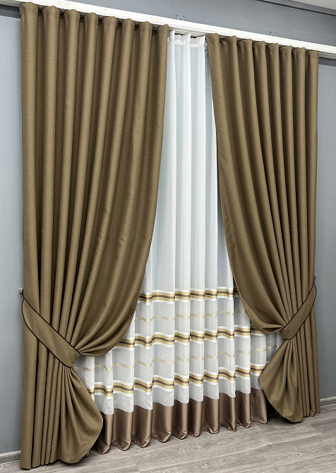 Комплект штор VR-Textil блэкаут Eclipse 150х270 2шт и Тюль 400х270 1795ш-1579т Миндальный с молочным 71-162/3 Киев - изображение 2