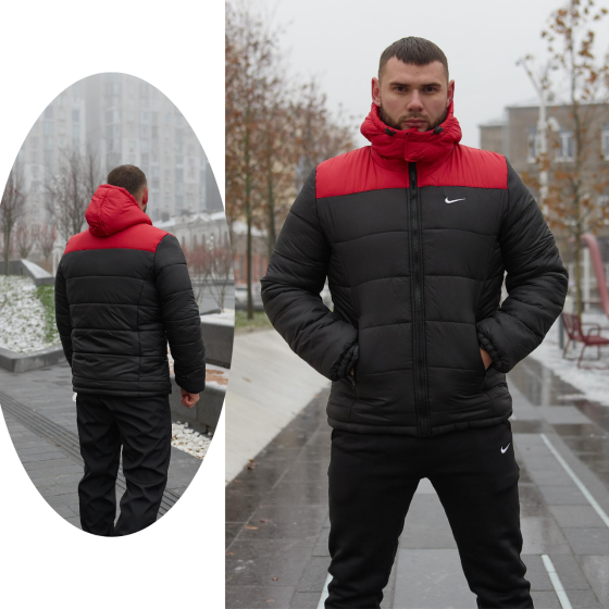 Зимова куртка чоловіча пух з підкладом на флісі коротка Frost чорно-червона Одеса