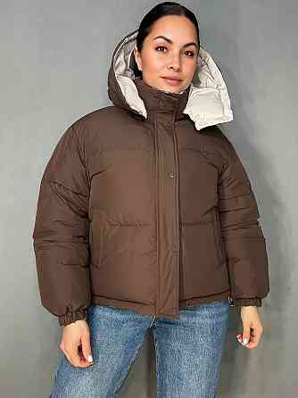 Куртка женская Fashions 87257 двухсторонняя пуффер с капюшоном коричневая с бежевым, коричневый с бежевым, M Киев