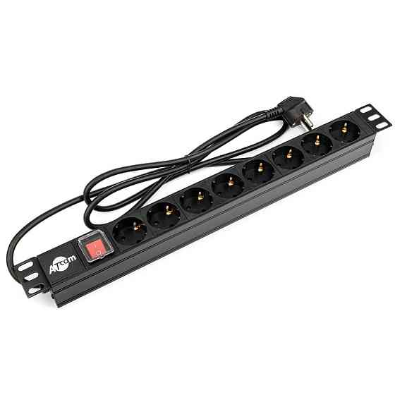 Блок розеток Atcom 1U 19" (PDU-8W-C2С-WS) 8 розеток, з вимикачем, ал. корпус, німецький тип, 2,0 м, чорний ( Харків