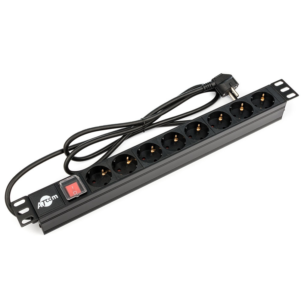 Блок розеток Atcom 1U 19" (PDU-8W-C2С-WS) 8 розеток, з вимикачем, ал. корпус, німецький тип, 2,0 м, чорний ( Харків - фото 2