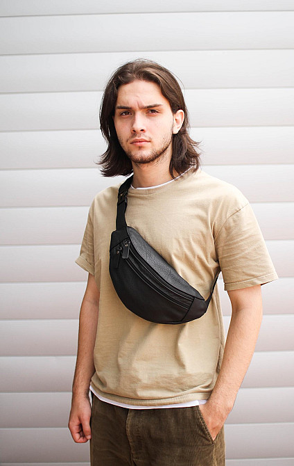 Чоловіча бананка, шкіряна сумка на пояс SL001 (Чорна) Суми - фото 5