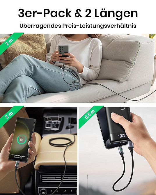 Кабель INIU USB-A→USB-C 3 шт (2м+2м+0,5м) чорний нейлоновий плетений 3.1A PD 480Mbps LED швидка зарядка Київ - фото 10