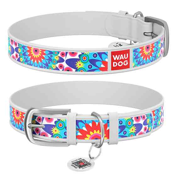 Нашийник для собак шкіряний WAUDOG Design з QR паспортом, малюнок "Квіти", Ш 25 мм, Дов 38-49 с Коломия