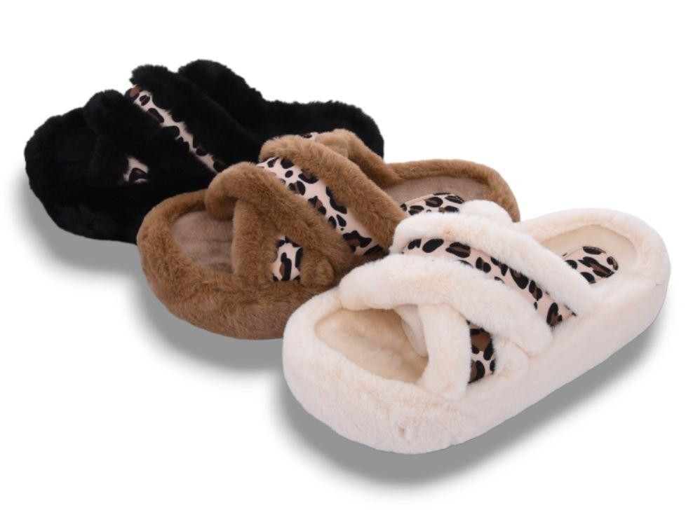 Тапочки женские открытые домашние с меховые накрест с принтом леопарда Одесса - изображение 6