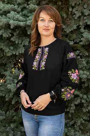 Вышиванка женская, льняная, черная, с длинным рукавом топ Киев