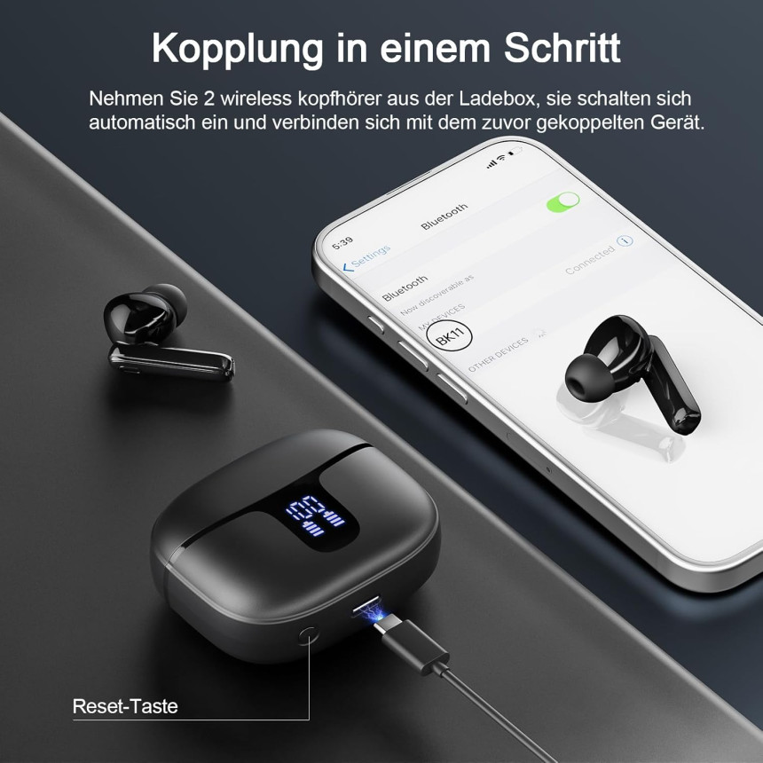 Уценка Беспроводные наушники Renimer BK11 Bluetooth 5.3, ENC, 4 микрофона, IPX7, LED-дисплей, до 40 часов работы, чёрные Киев - изображение 11