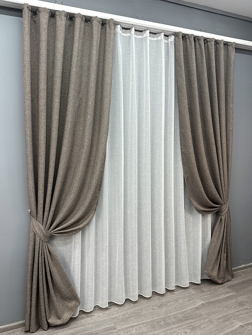 Комплект штор VR-Textil Лен Мешковина 100х270 2шт и Тюль 300х270 1769ш-115т Серый с белым 71-029/1 Киев - изображение 2