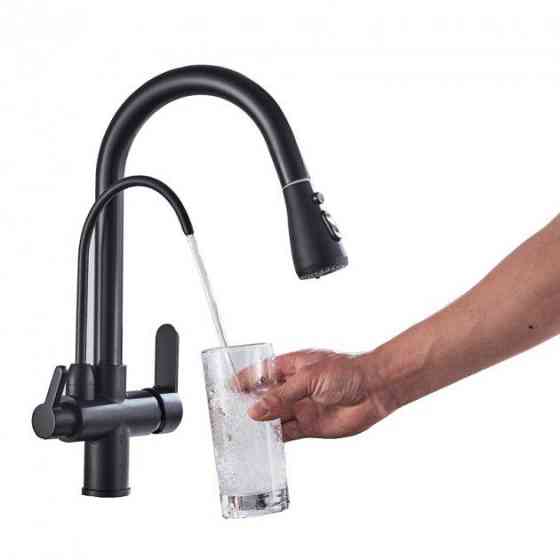 Смеситель для кухни латунный с подключением к фильтру, кран кухонный с выдвижным шлангом WanFan Черный Каменец-Подольский