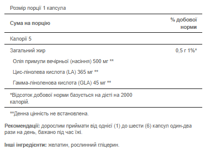 Evening Primrose Oil 500 mg with GLA - 100 Softgels Луцк