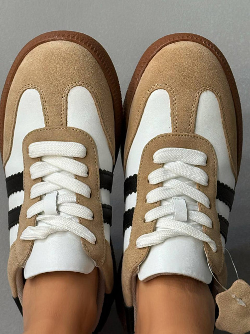 Кросівки жіночі Hengji 375-3 samba шкіряні на коричневій підошві білі з бежевим, 39, 24,5 см Київ - фото 6