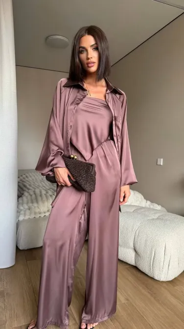 Жіночий шовковий костюм-трійка oversize (штани + сорочка + хустинка)— стильний комплект Одеса - фото 7