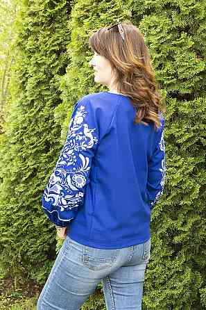 Вышиванка женская, льняная, с длинным рукавом, цвет электрик, топ Киев